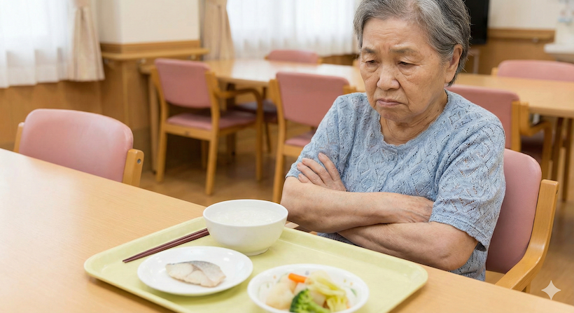 配膳された食事に不服そうな入居者
