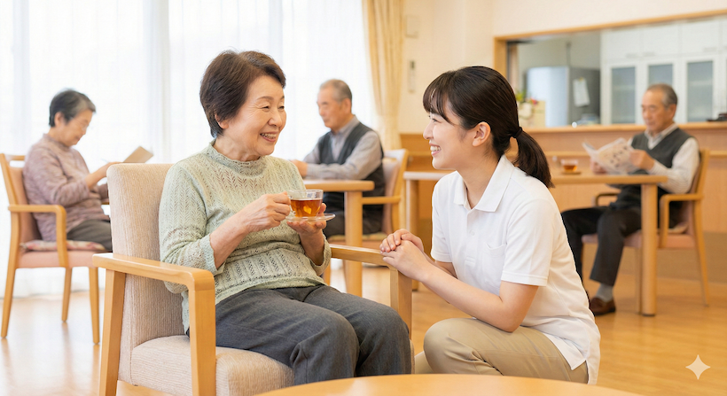 笑顔で会話する入居者と調理師